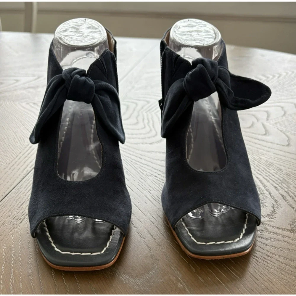 Bernardo Lizzie Navy Suede Booties Open Toe Block Wood Heel Designer Bow | 8.5 - Picture 2 of 9